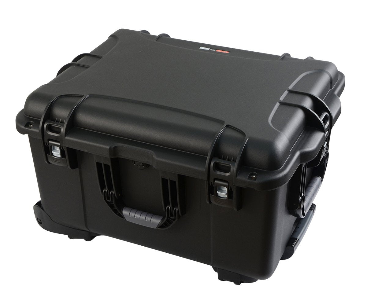 Black injection molded case with pullout handle and inline wheels. Interior dims 22" x 17" x 12.9". NO FOAM